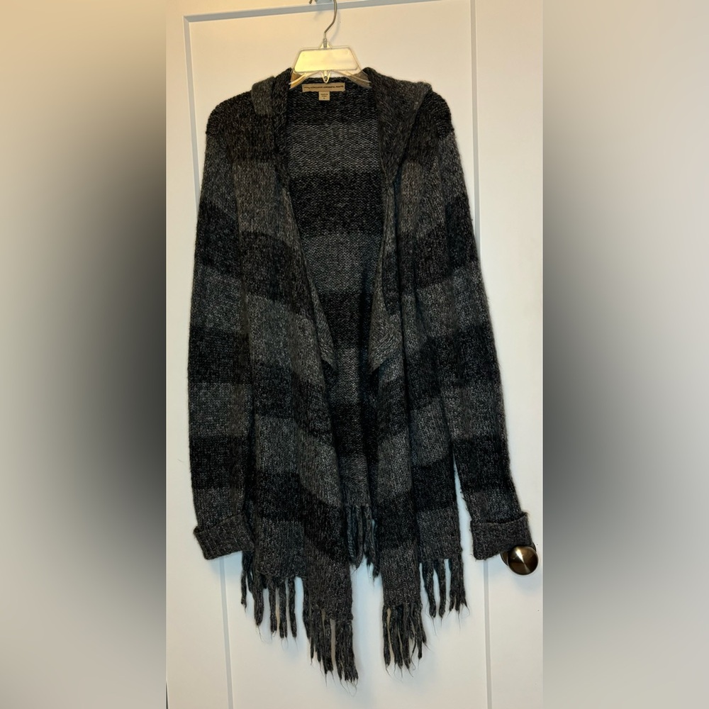 Large Women’s Gray Striped Sweater with hood and fringe